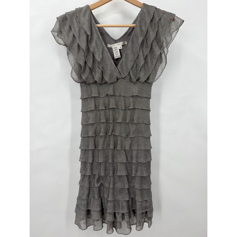 Max Studio Silver Metallic Mesh Tiered Ruffle V-Neck Dress Small Fairy - Picture 2 of 8
